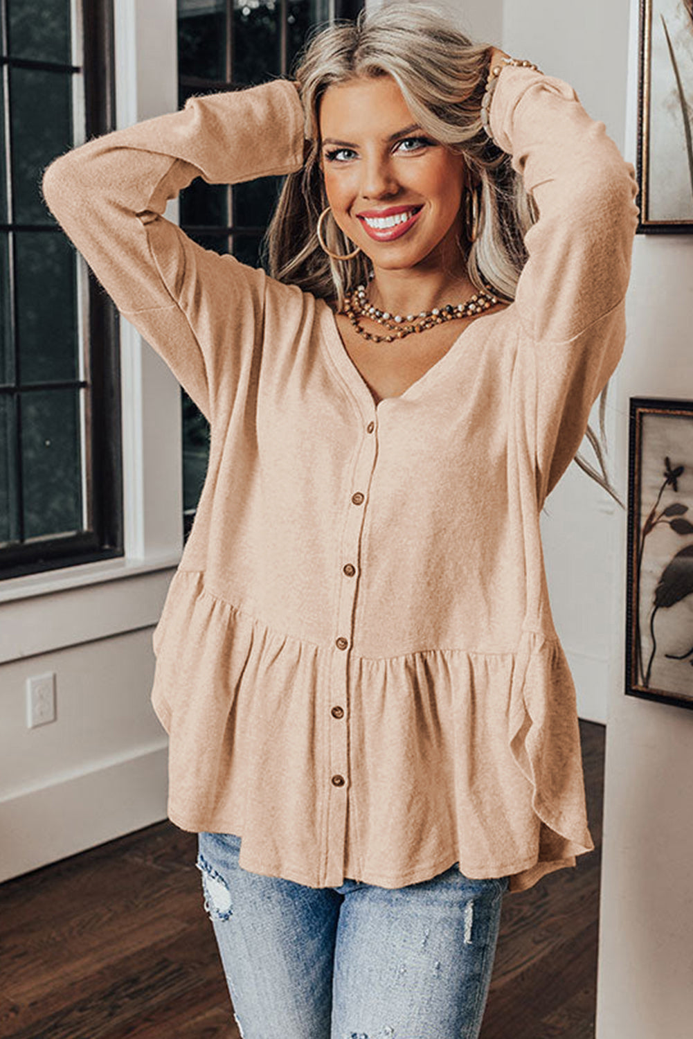 Beige Ruffled Hem Buttoned V-Neck Long Sleeve Shirt