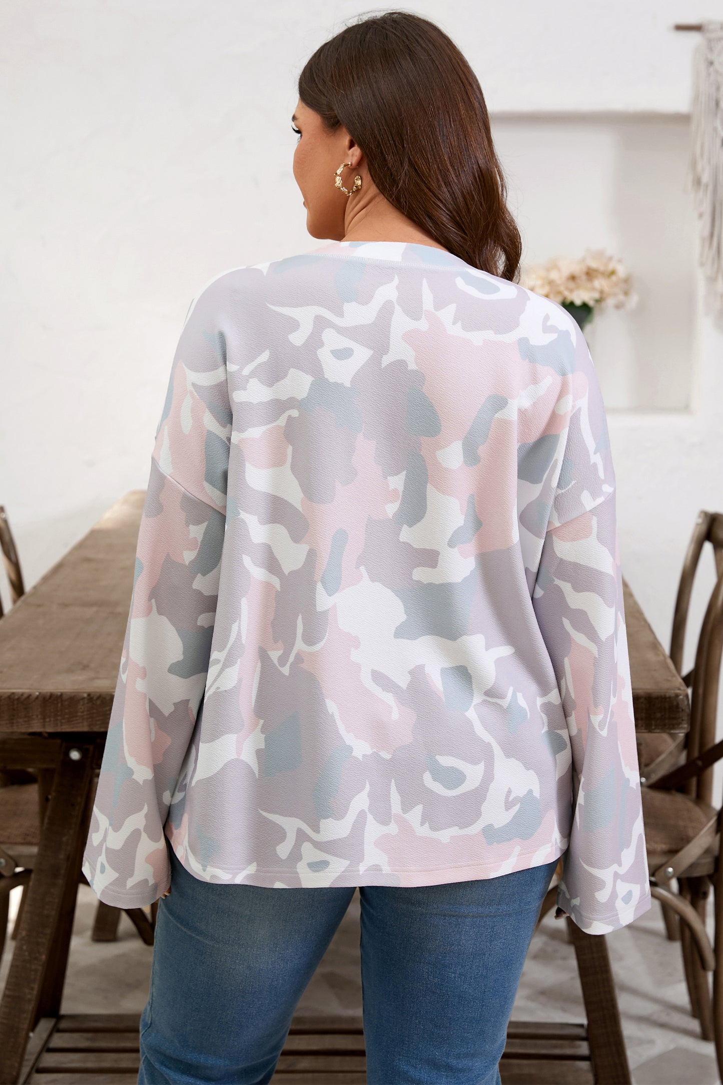 Pastel Camo Drop Shoulder Loose Pullover Top | Plus Size | 1X–4X