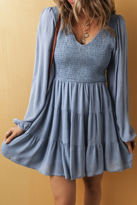 Blue Long Sleeve V-Neck Smocked Tiered Mini Dress