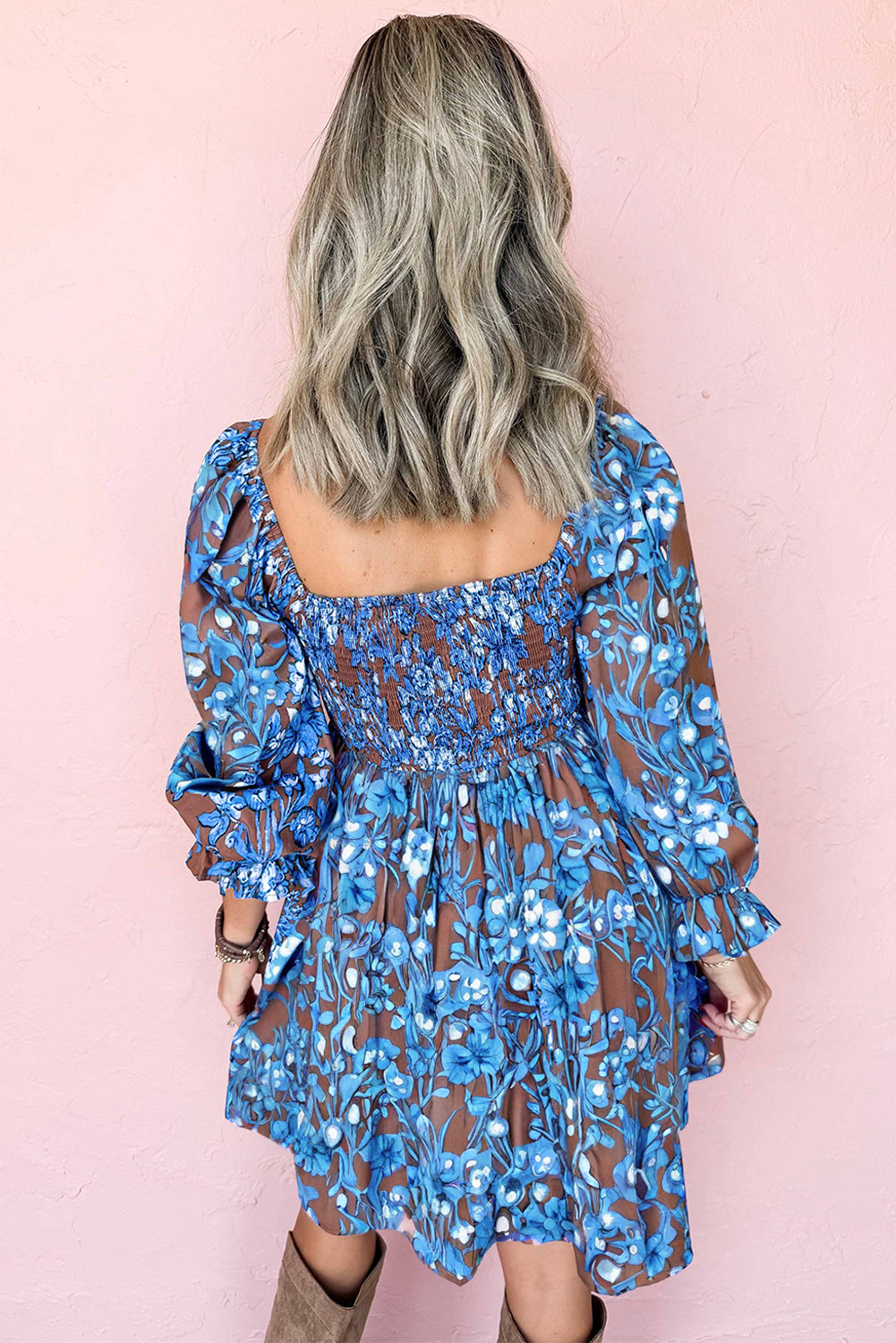 Smocked Bodice High Waist Ruffle Sleeve Floral Dress