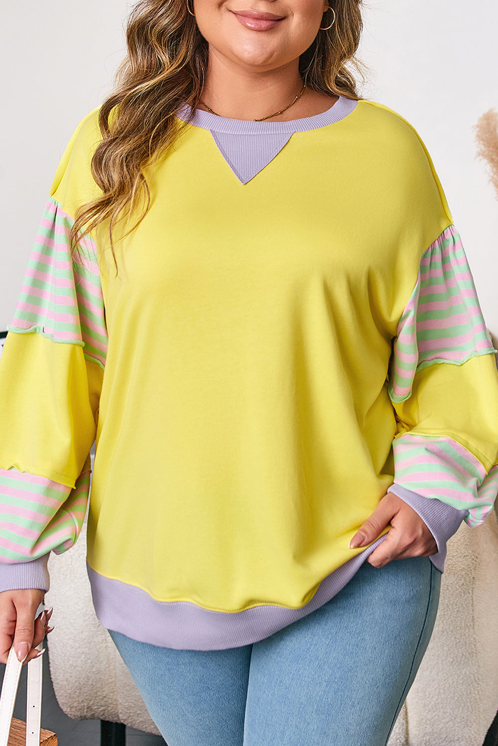 Yellow Crewneck Sweatshirt with Stripe Sleeve Detail – Plus Size 1X–4X