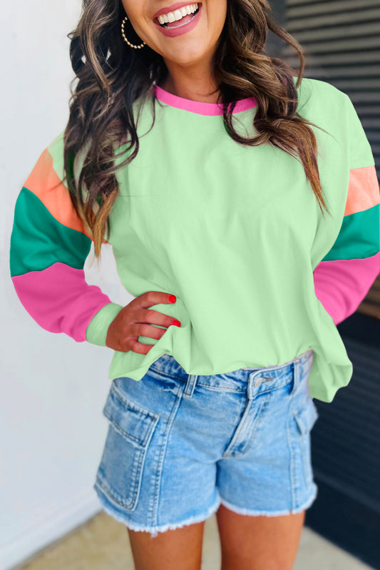Colorblock Patchwork Long Sleeve Loose Top | Green