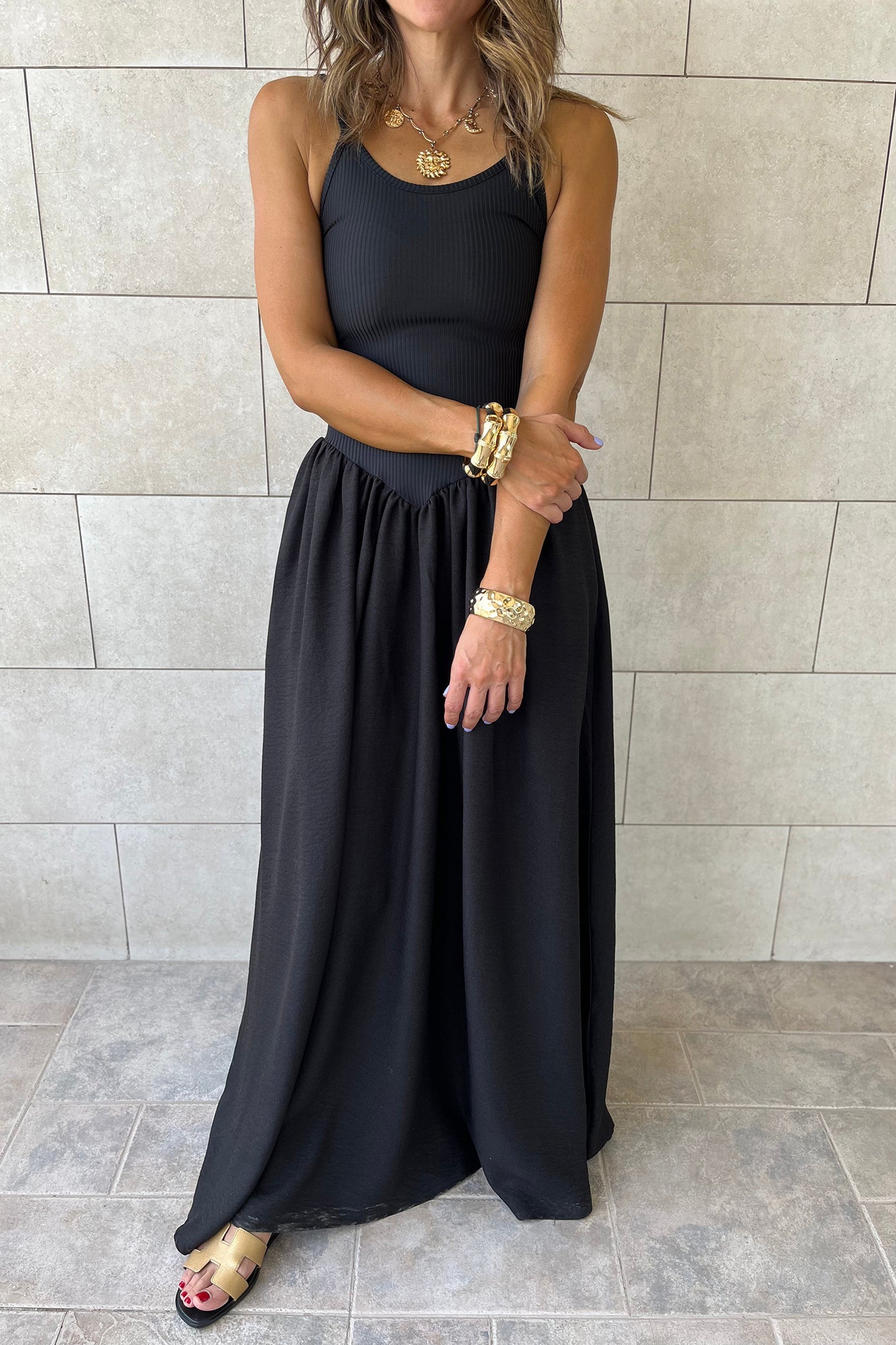 Black Ribbed Spaghetti Strap Maxi Dress Women S–XL
