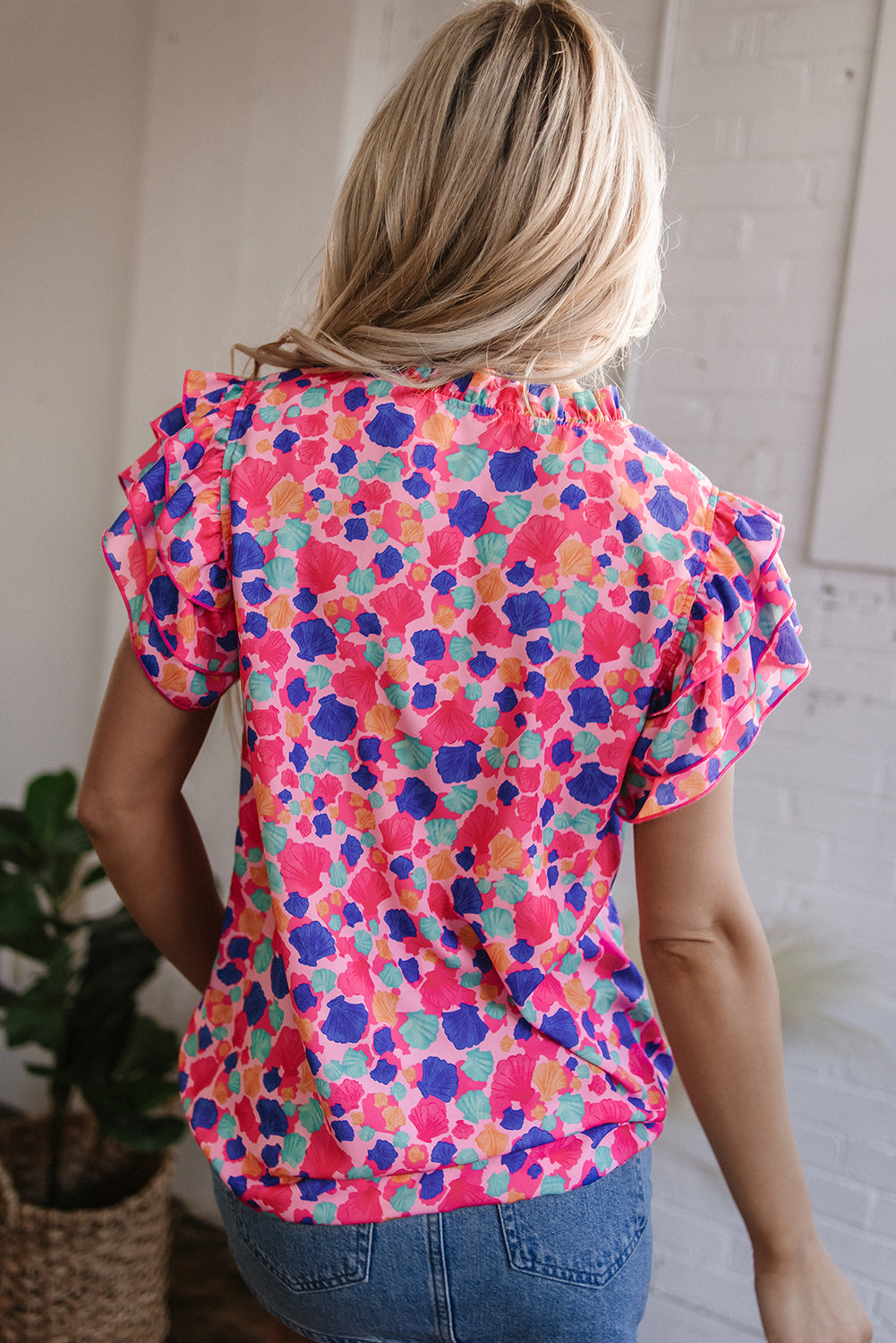Rose Red Abstract Print Ruffled Sleeve V-Neck Loose Blouse – Women's Artistic Casual Top (S–XL)