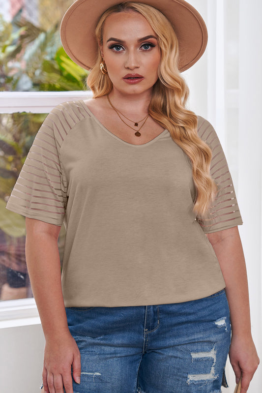 Plus Size Khaki Mesh Sleeve Short Sleeve Tee Women 1X–5X