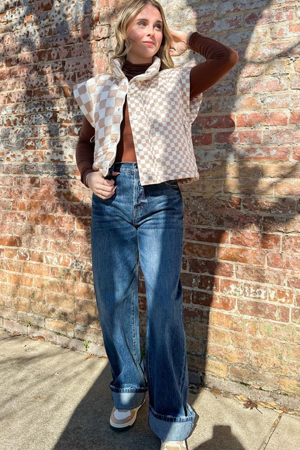Khaki Contrast Plaid Quilted Mock Neck Zip-Up Vest