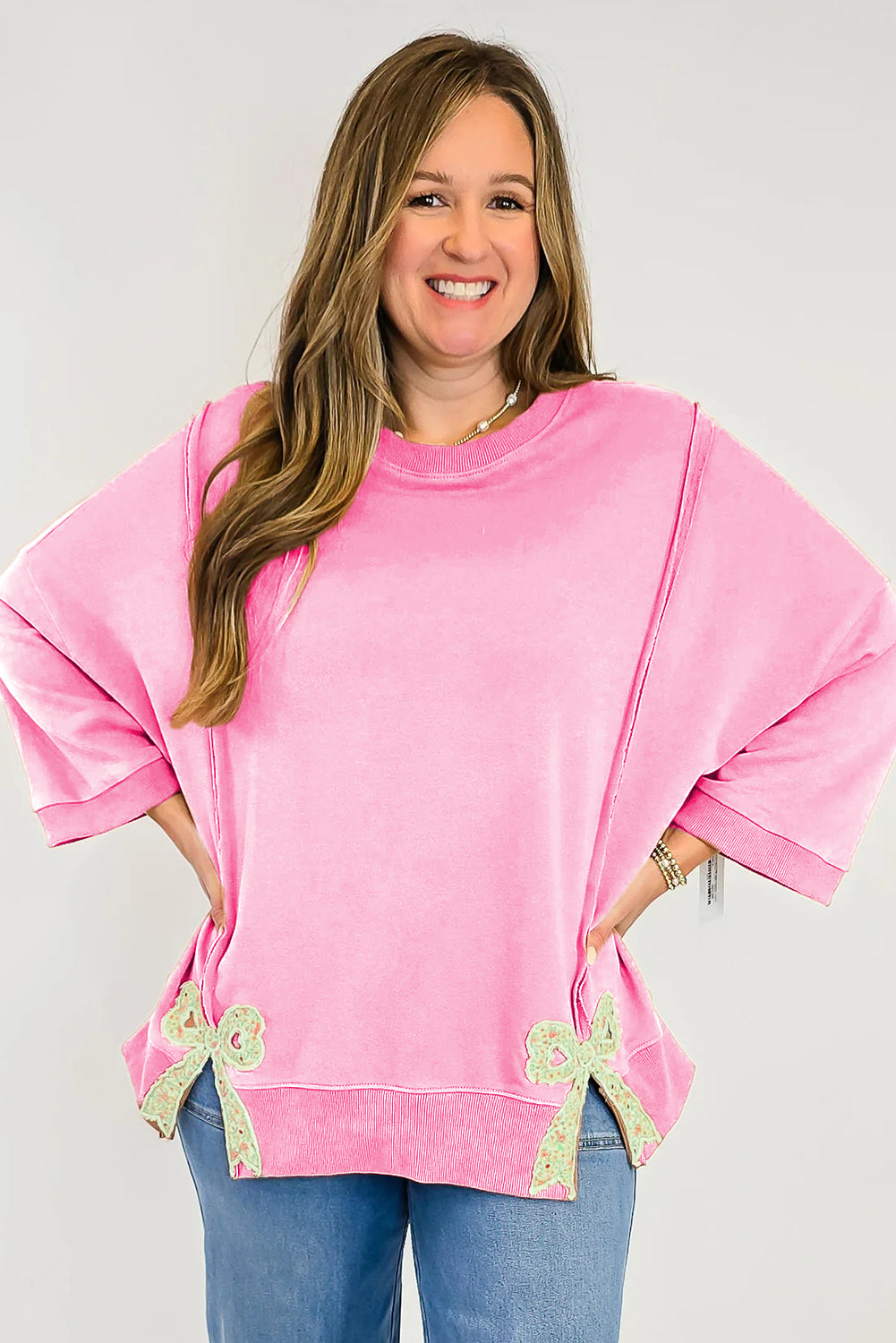 Floral Bow Patch Baggy Sweatshirt in Pink