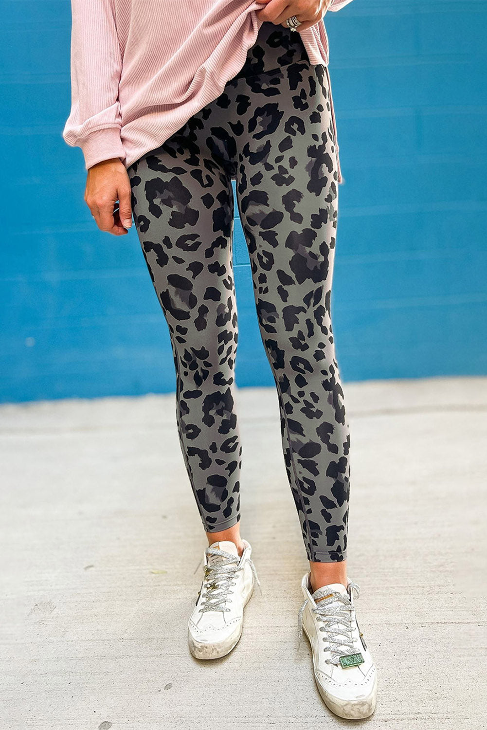 Gray Leopard Print High Stretch Active Leggings