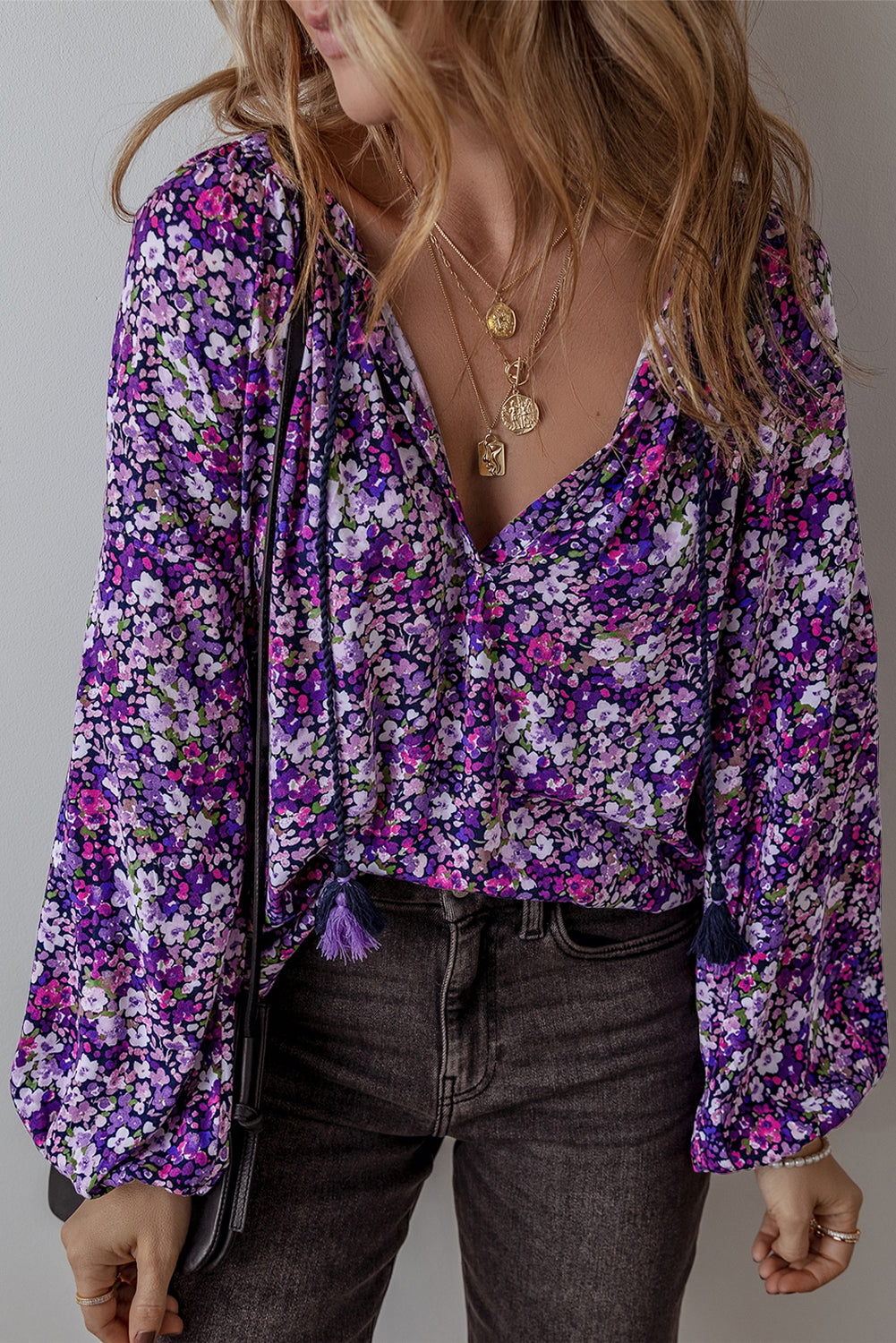 Boho Floral Split V-Neck Bubble Sleeve Blouse | Purple