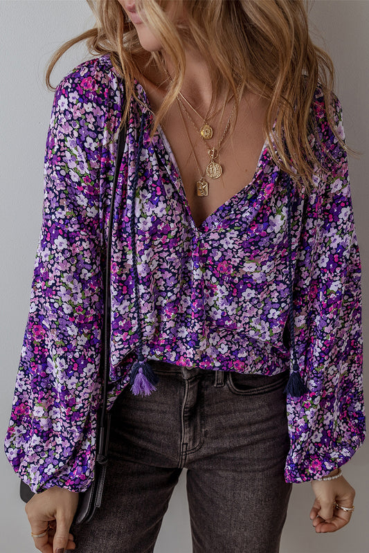 Boho Floral Split V-Neck Bubble Sleeve Blouse | Purple