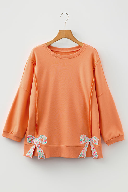 Floral Bow Patch Baggy Sweatshirt in Grapefruit Orange