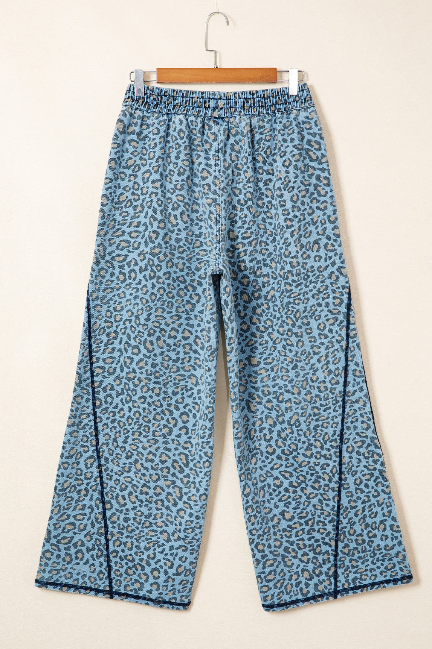Leopard Print Wide Leg Drawstring Jeans in Blue