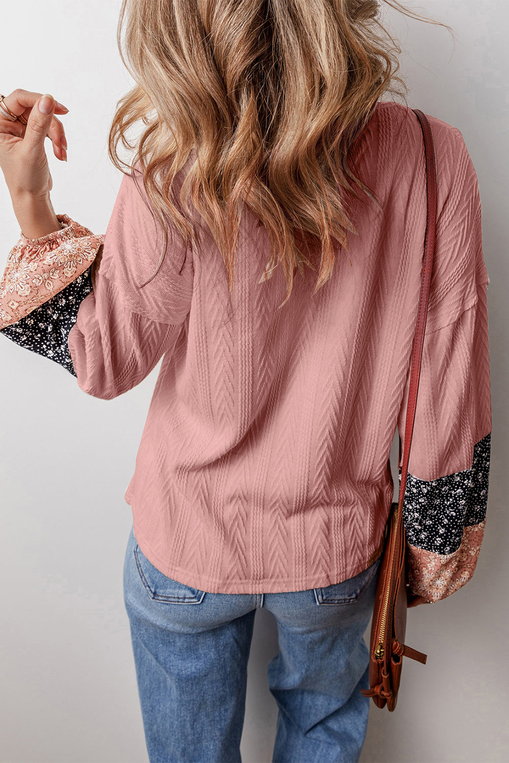 Floral Patchwork Textured Knit Drawstring V-Neck Blouse
