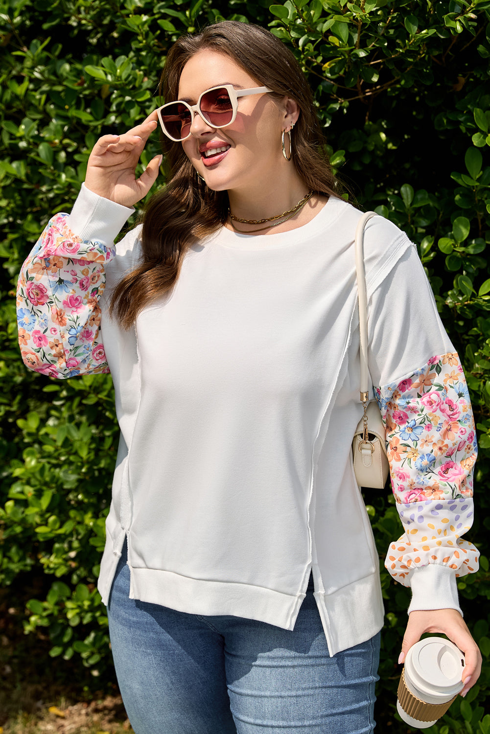 Floral Patchwork Sleeve Sweatshirt | Plus Size | White | 1X–4X