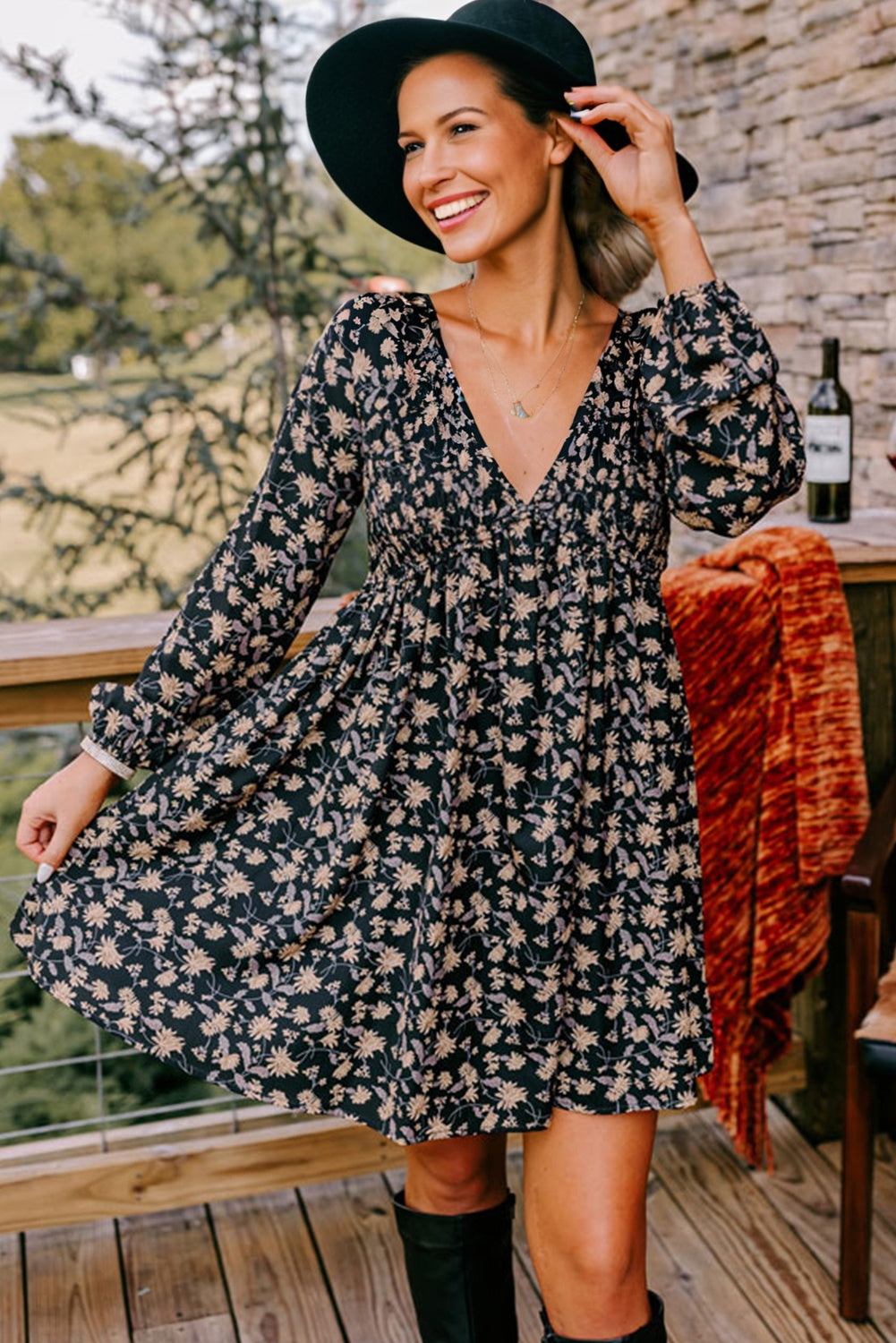 Floral Print Deep V-Neck Smocked Bust Bubble Sleeve Babydoll Mini Dress