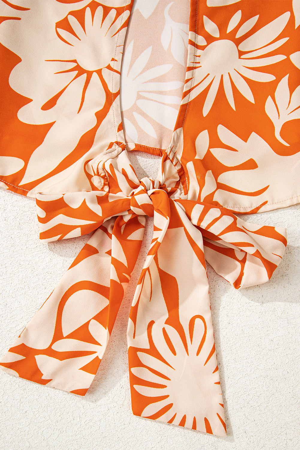 Orange Floral Print Knotted Open Back Self-Tie Long Sleeve Blouse