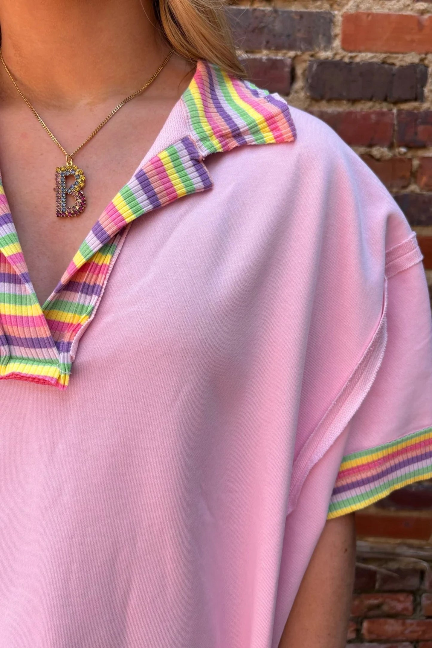 Pink Rainbow Stripe Ribbed Patchwork Raw Seam Oversized Polo Tee