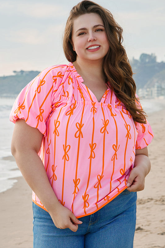 Bow Print Shirred Puff Sleeve V-Neck Blouse – Pink Plus Size 1X–4X