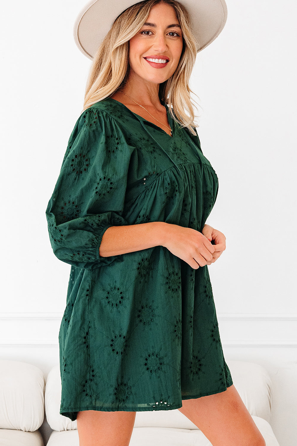 Green Embroidered Eyelet Pattern 3/4 Puffy Sleeve Swing Mini Dress