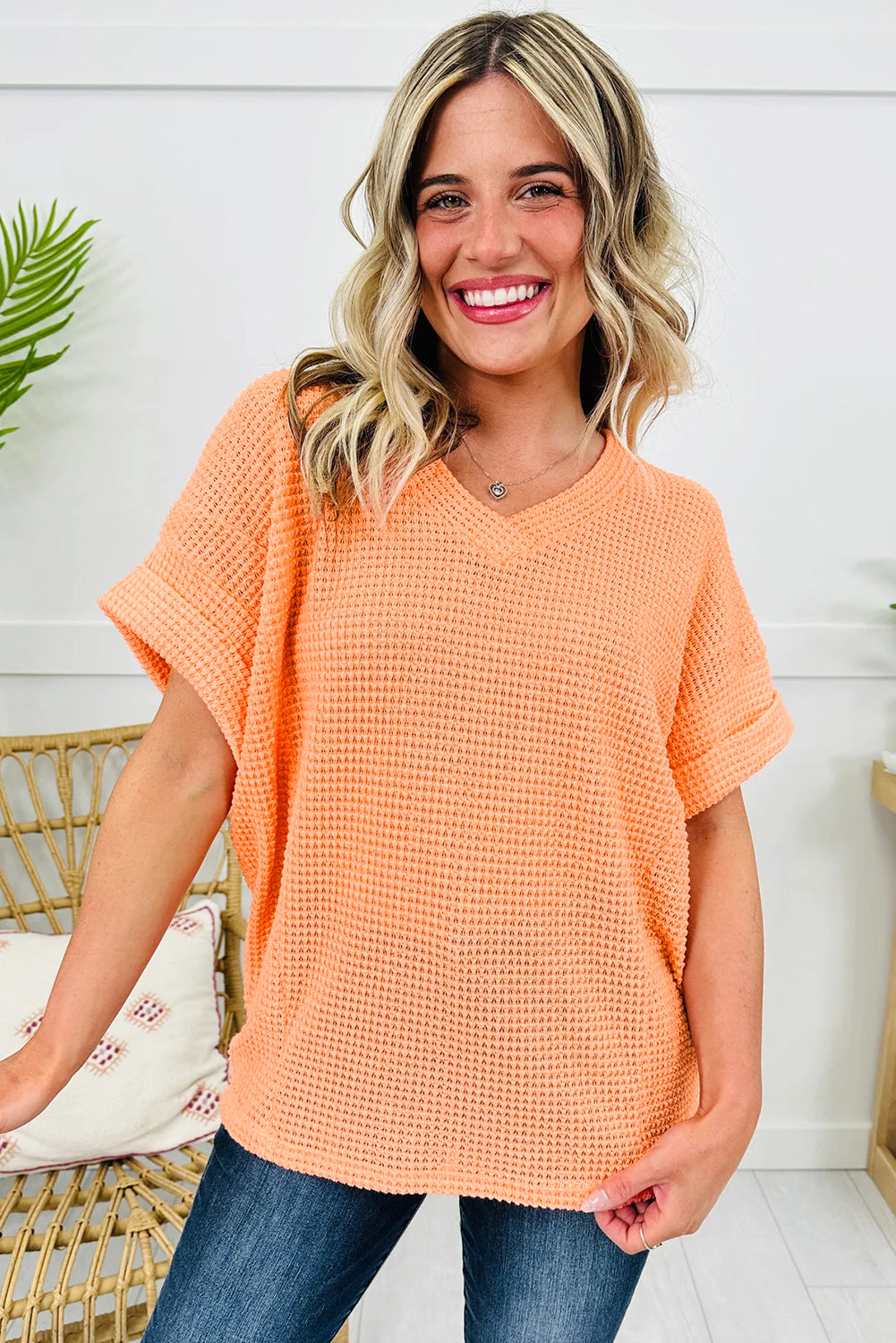 Waffle Knit V-Neck Short Sleeve Cuffed Top