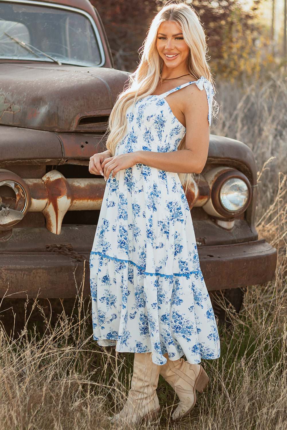 Sky Blue Floral Print Shirred Knot Shoulder Sleeveless Maxi Dress