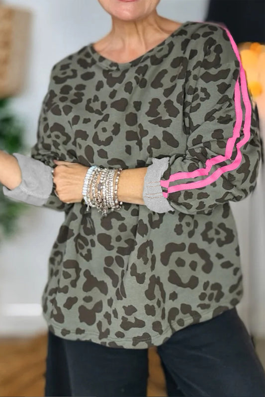 Leopard Print Varsity Stripe Trim Long Sleeve Top in Green