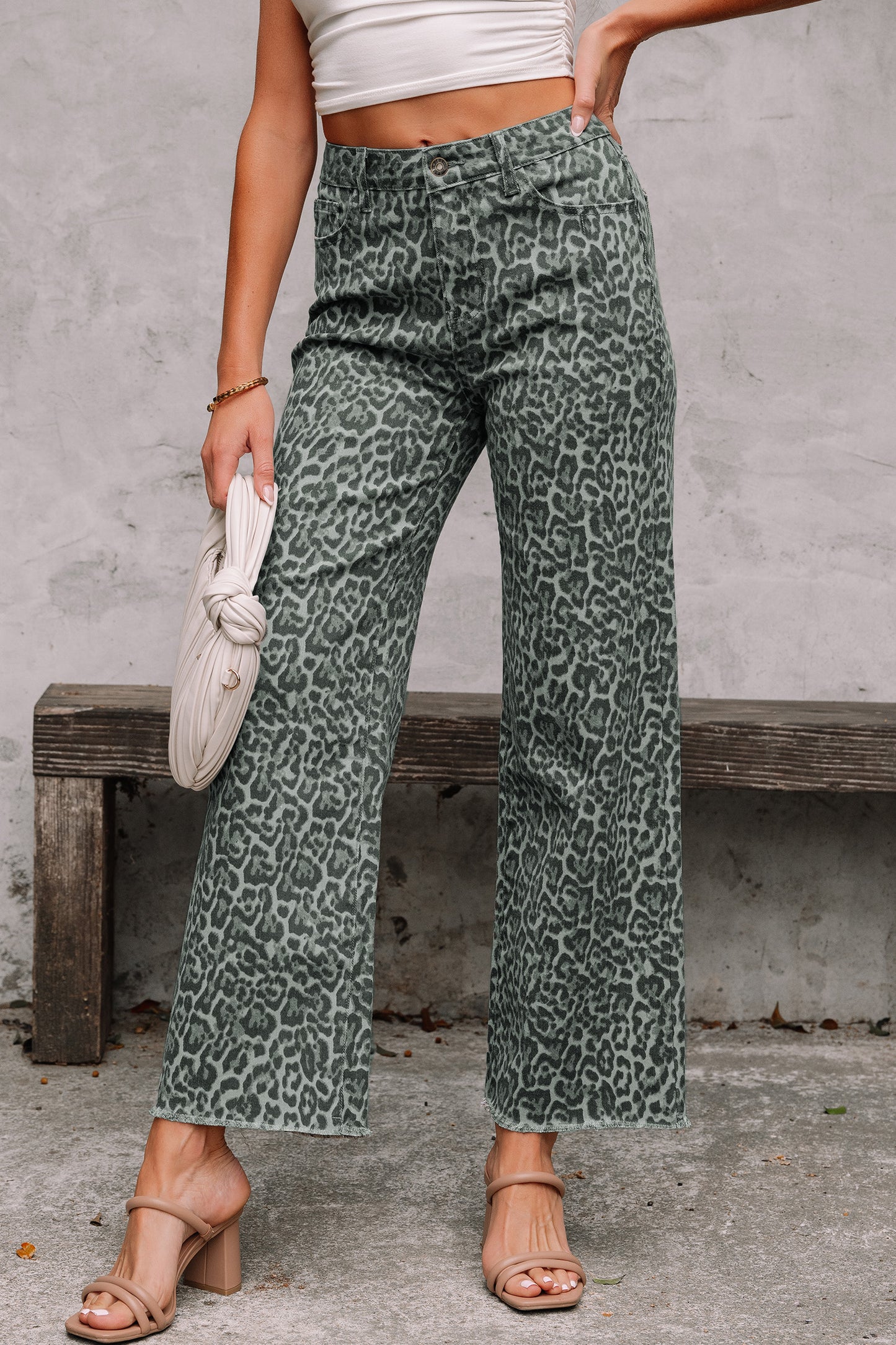 Leopard Print Wide-Leg High-Waist Jeans with Frayed Hem | Grey, Dark Grey & Brown