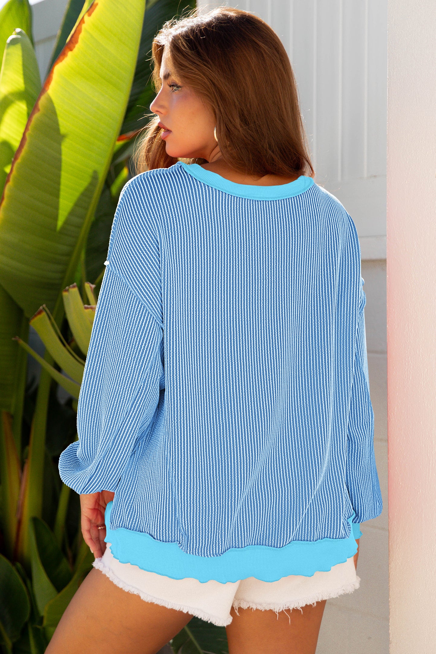 Light Blue Twisted Rib Drop Shoulder Uneven Hem Knit Top Women S-XL