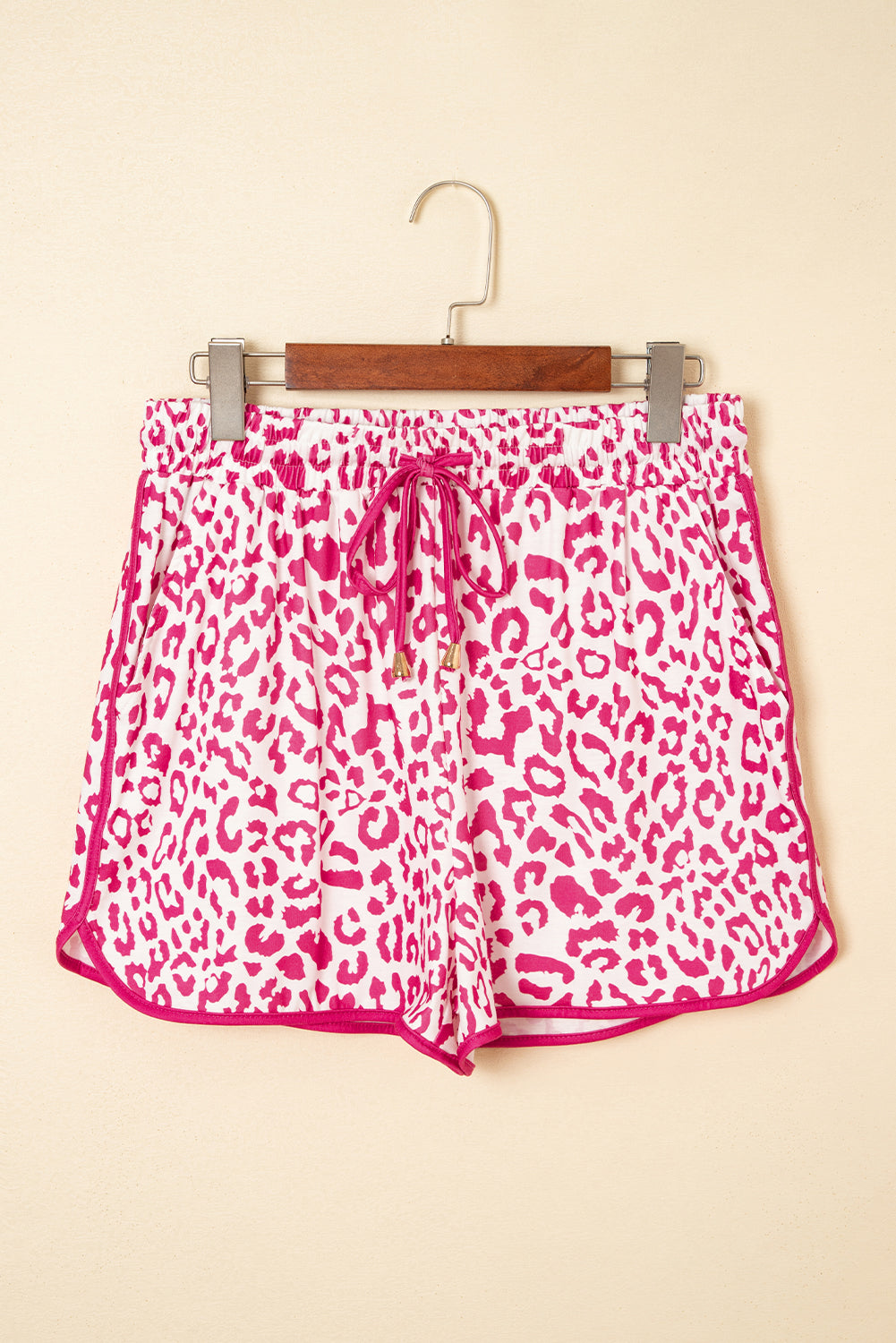 Pink Leopard Print Lace-Up Elastic Waist Contrast Trim Casual Shorts