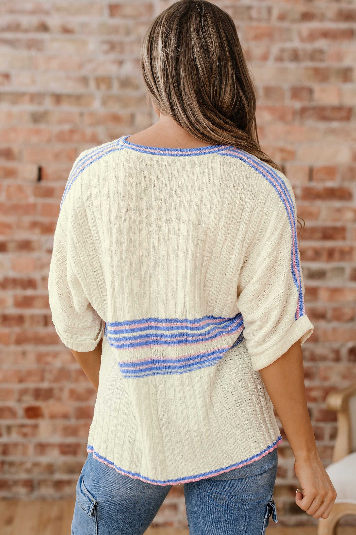 White Contrast Striped V-Neck Dolman Sleeve Ribbed Knit Oversized Tunic Sweater with Side Slits