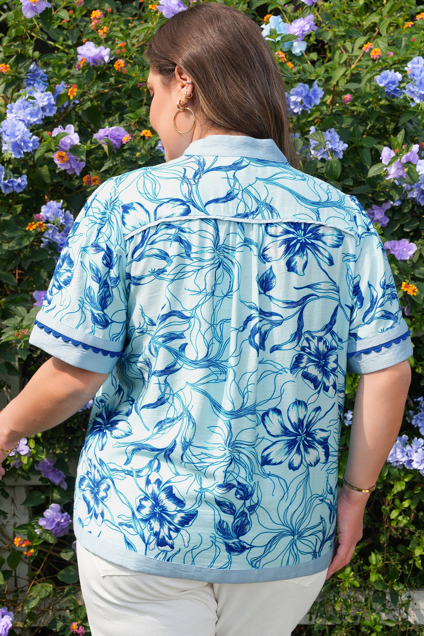 Plus Size Scalloped Trim Floral Short Sleeve Blouse | 1X–4X | Blue