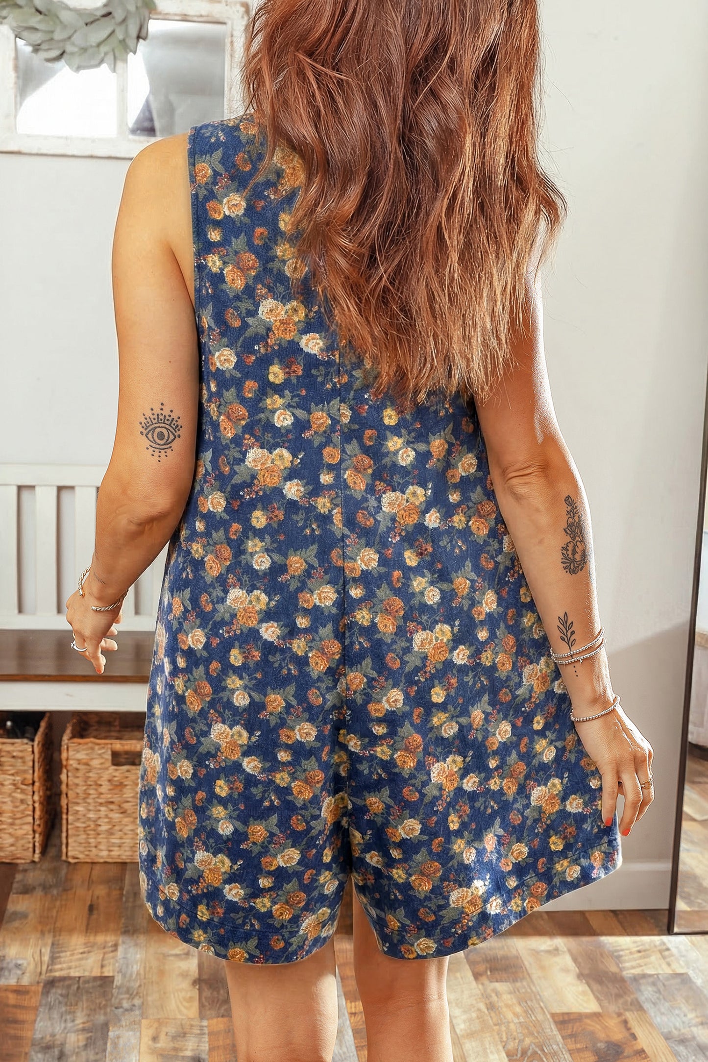 Floral Denim Romper with Bow Tie V-Neck – Women S–XL