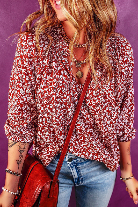 Floral Print Smocked Tie-Neck Blouse – Red Women S–XL