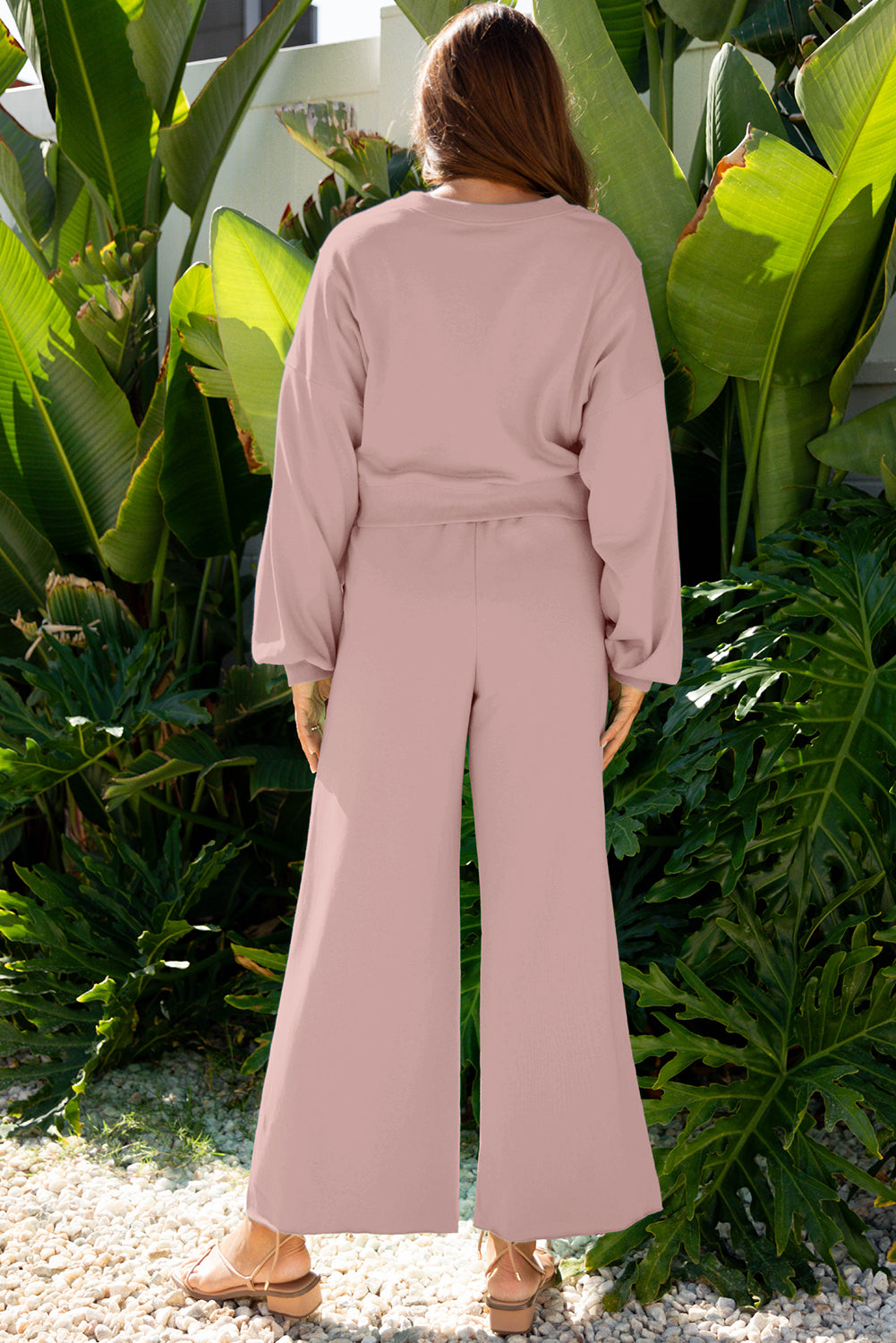 Drop Shoulder Puff Sleeve Crop Pullover & Wide Leg Pants Set