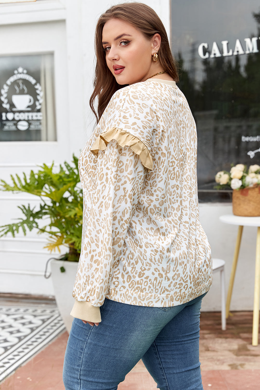 Leopard Print Ruffle Sleeve Ribbed Long Sleeve Top | Plus Size | Khaki | 1X–4X