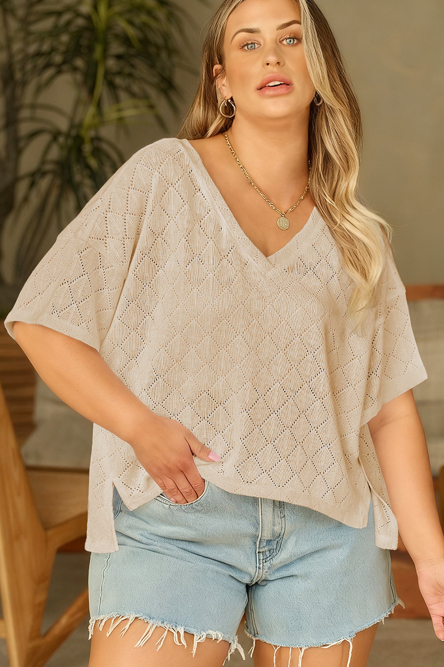 Lightweight Knit V-Neck Short Sleeve Top – Plus Size Black Light Pink Beige Blue L–4X