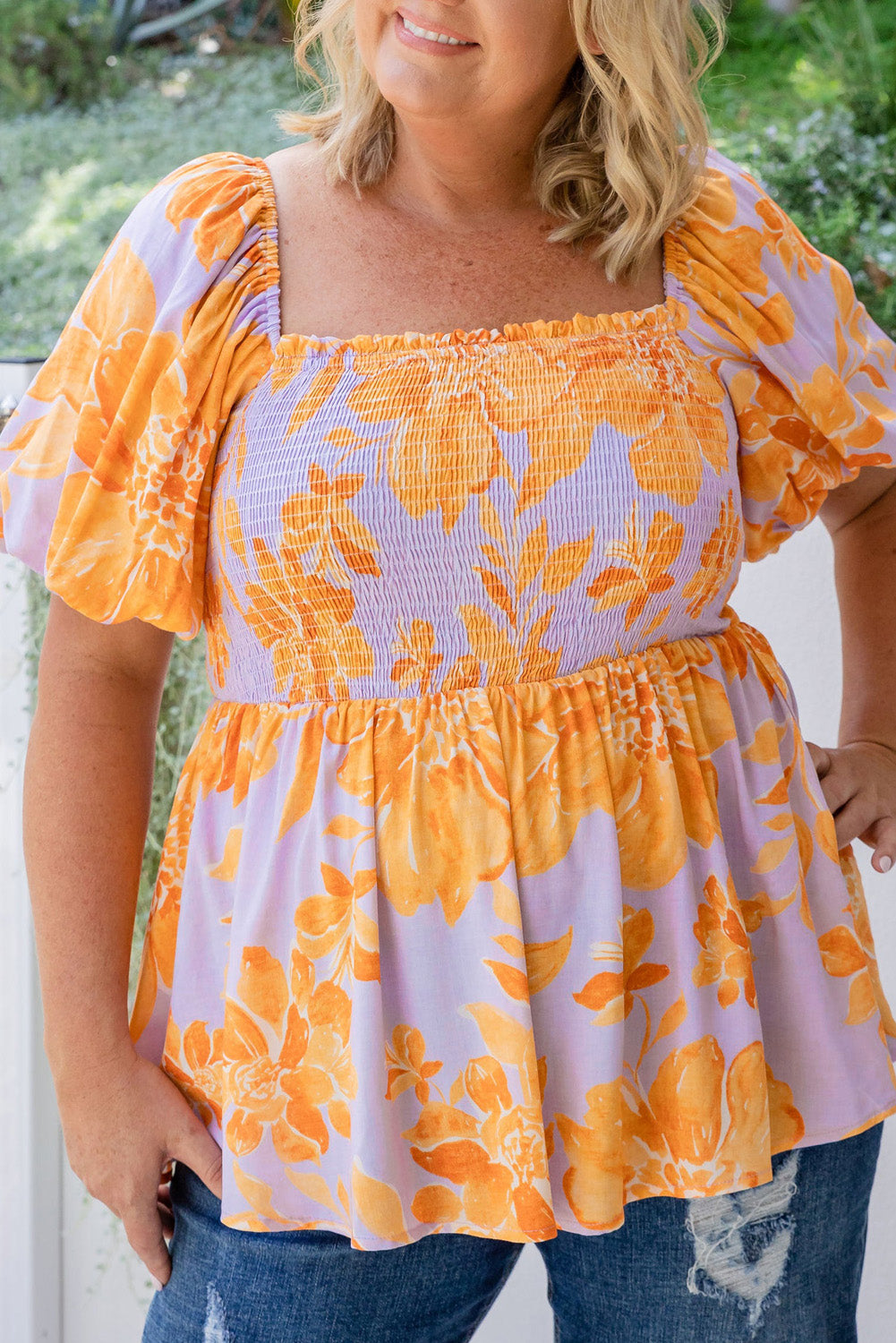 Floral Puff Sleeve Square Neck Smocked Babydoll Blouse | Purple | 1X–4X