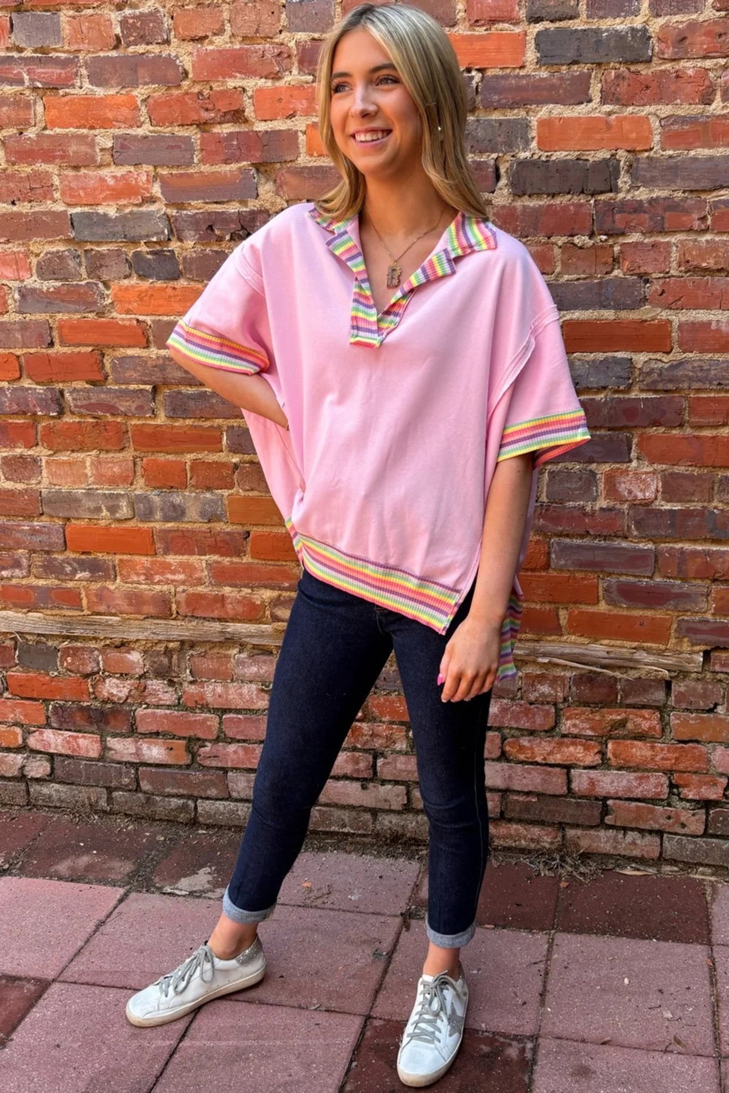 Pink Rainbow Stripe Ribbed Patchwork Raw Seam Oversized Polo Tee