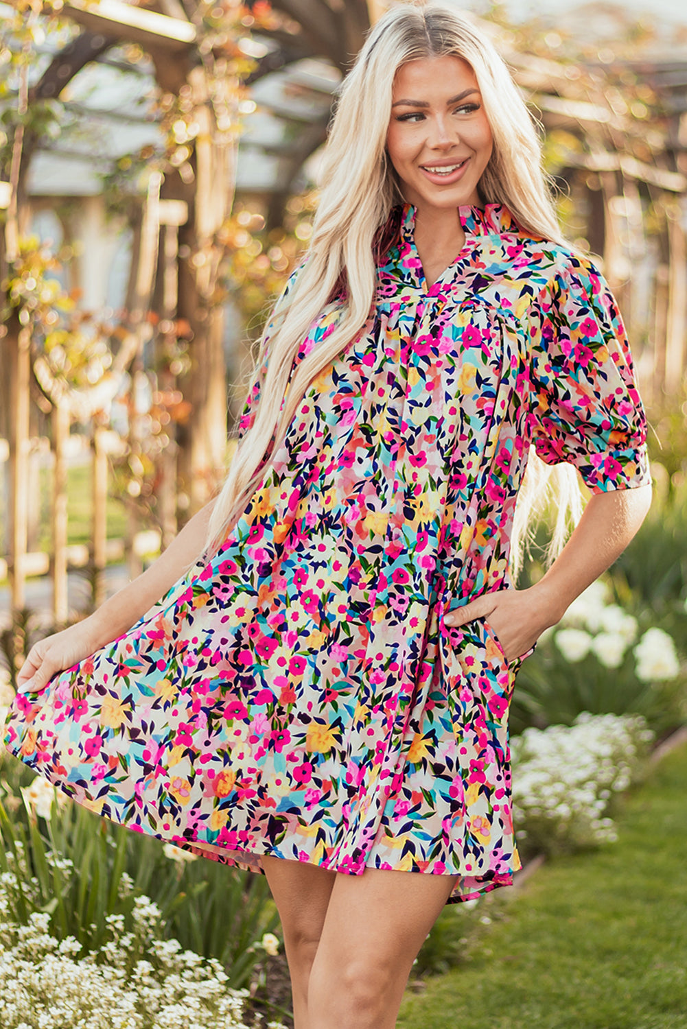 Pink Floral Puff Short Sleeve V-Neck Mini Dress