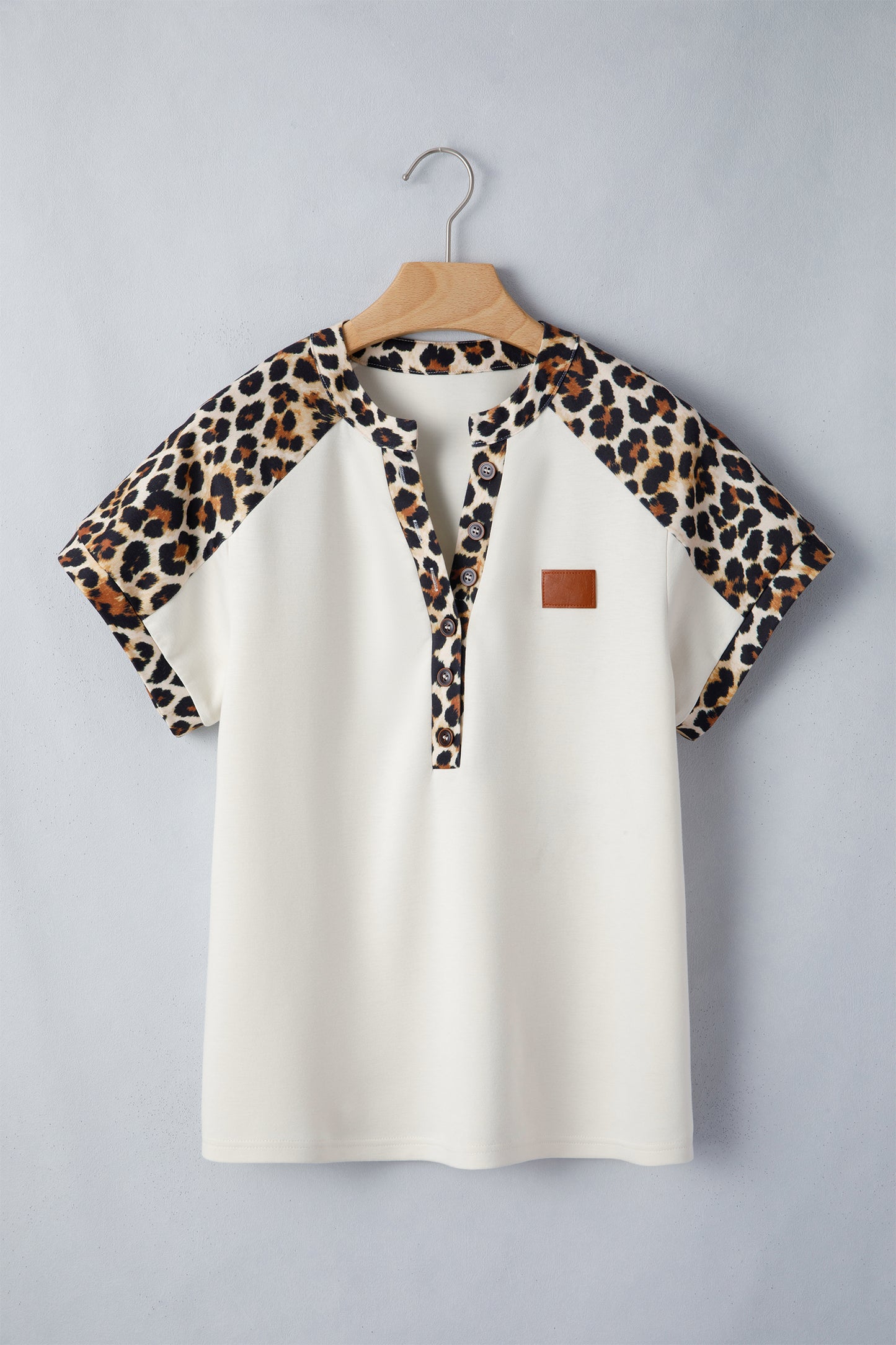 Leopard Patchwork Half Button Short Sleeve Top | Beige | S–XL