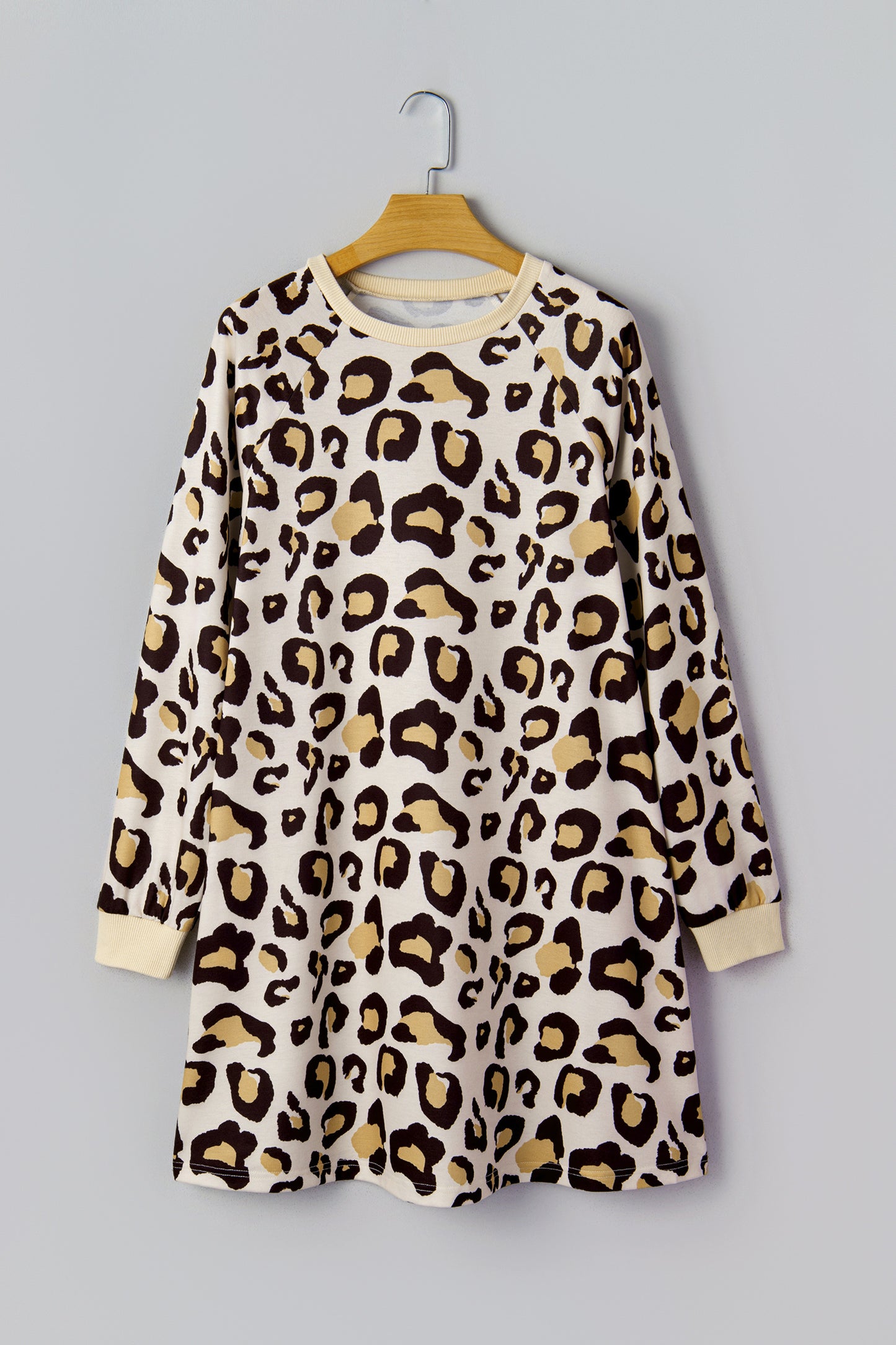 Leopard Print Long Sleeve Shift Dress with Pockets in Khaki