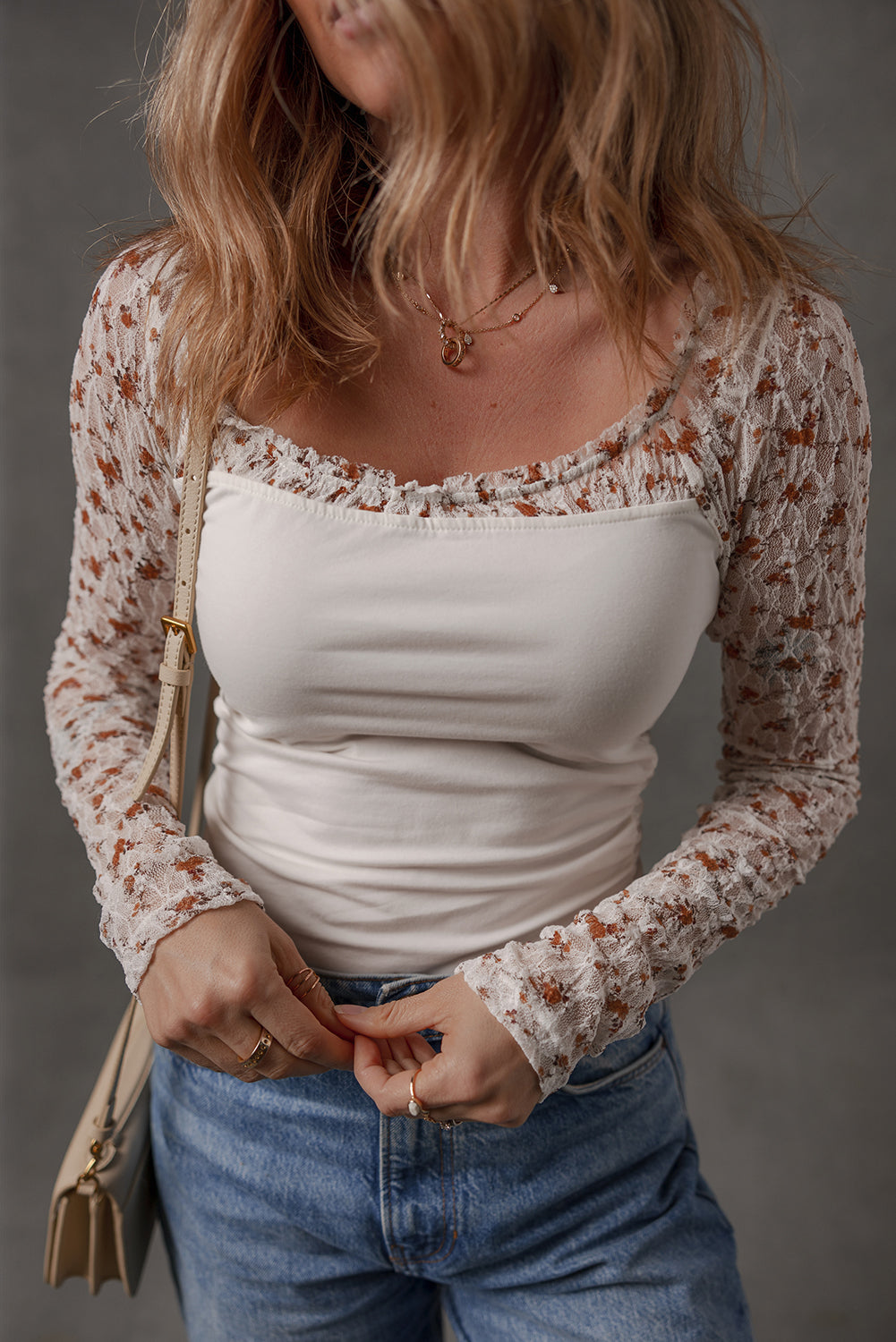 White Floral Lace Patchwork Square Neck Long Sleeve Top – Women's Romantic Top