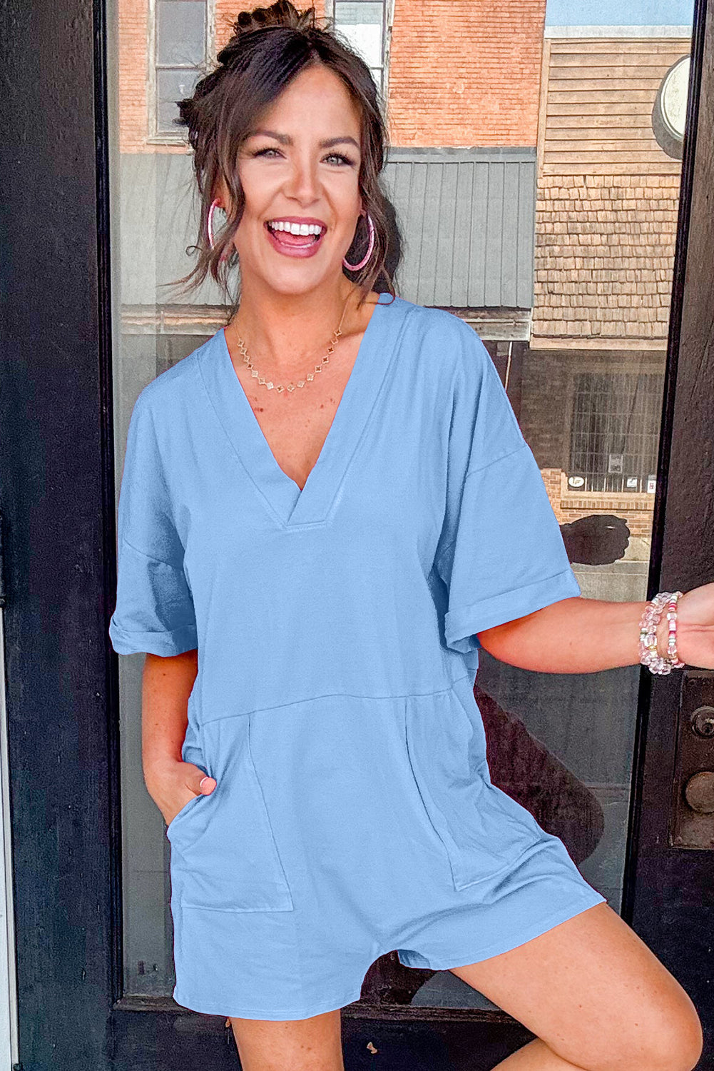 Pastel Blue Loose Half Sleeve V Neck Knit Romper