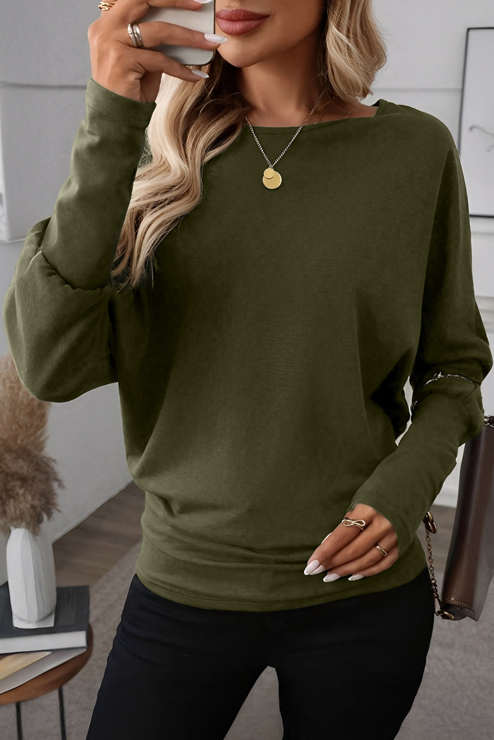 Solid Color Extended Cuff Long-Sleeve Pullover Top | Khaki Green