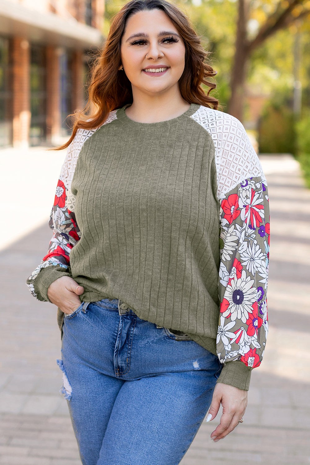 Plus Size Ribbed Floral Sleeve Blouse Women 1X–4X