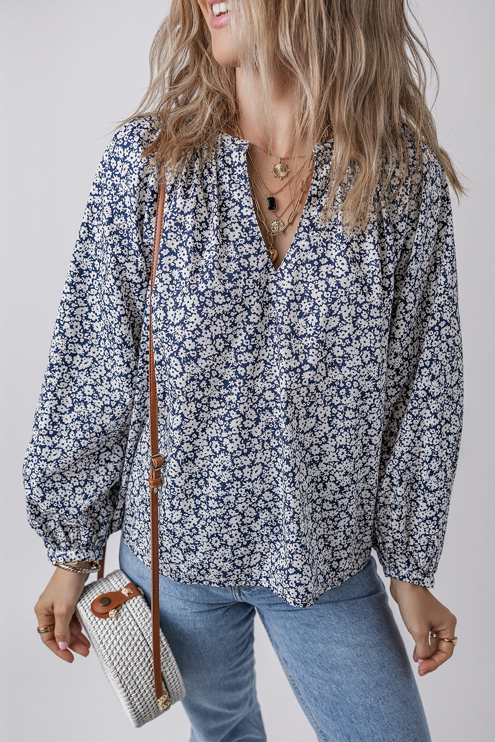 Blue Floral Print Notched V-Neck Puff Sleeve Blouse