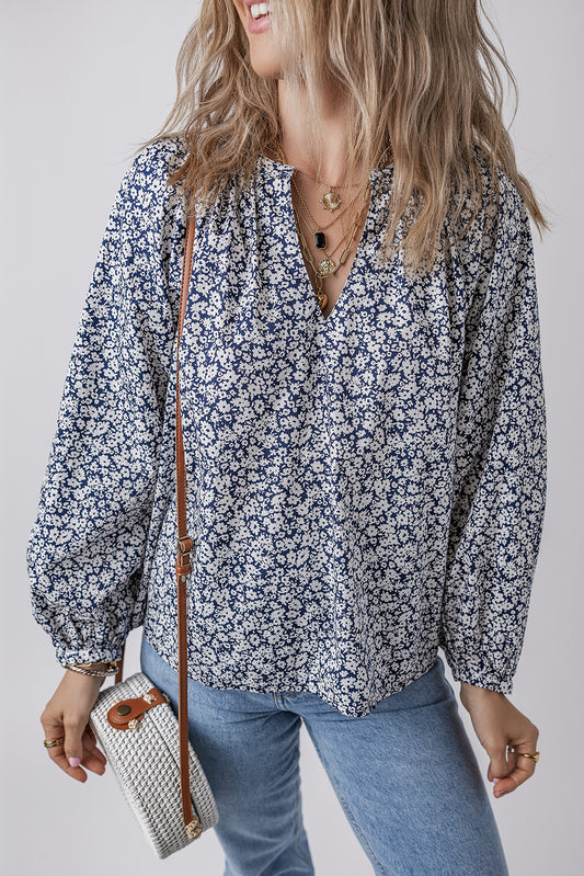 Blue Floral Print Notched V-Neck Puff Sleeve Blouse
