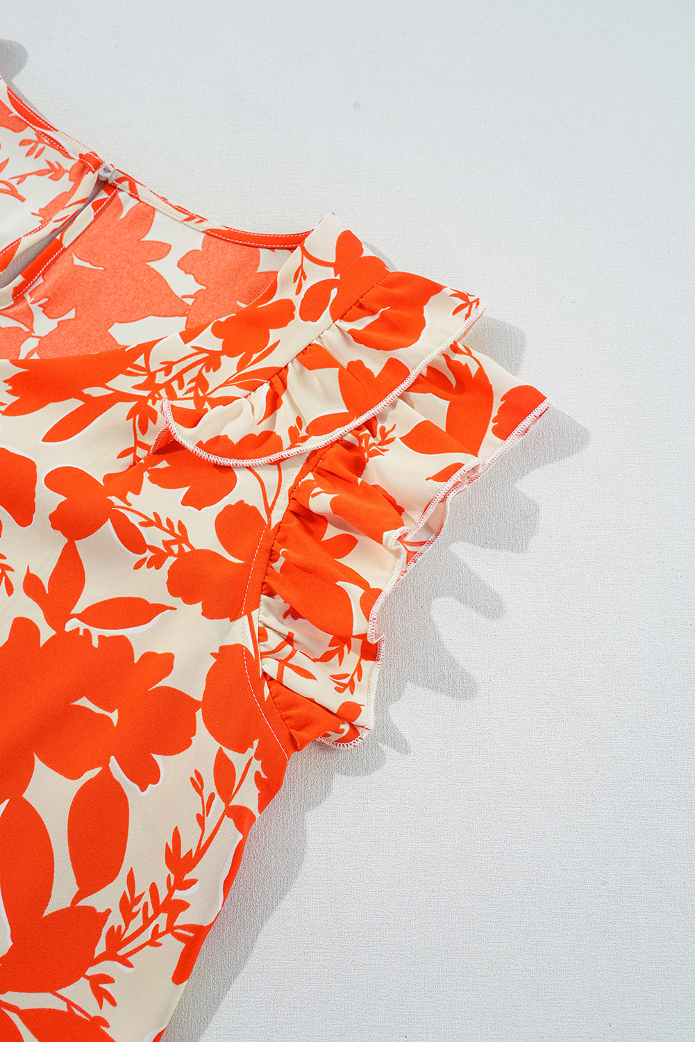 Orange Floral Print Ruffle Sleeve Back Keyhole Top – Women's Chic Casual Blouse (S–XL)