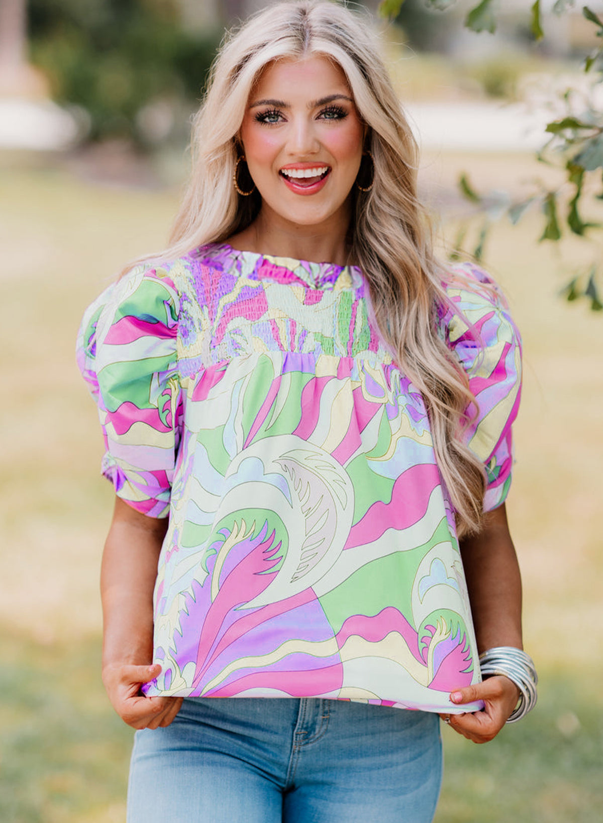 Mint Green Abstract Print Bubble Sleeve Smocked Neckline Blouse | S–XL