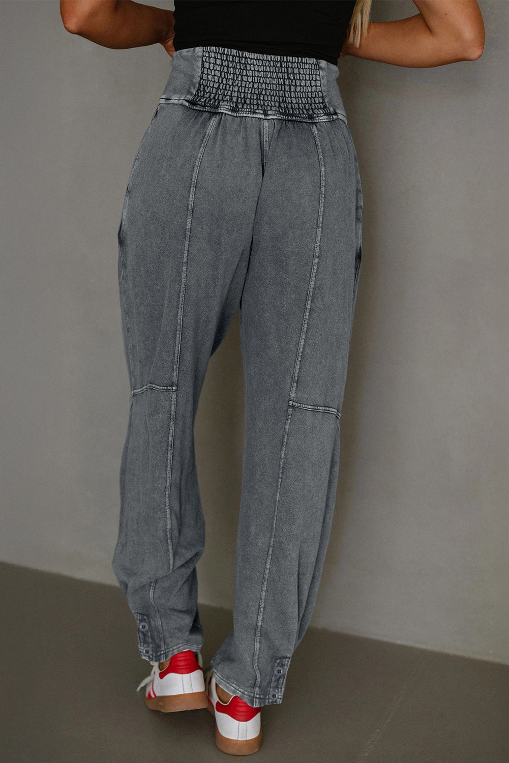 Grey Mineral Wash High Waist Smocked Jogger Pants